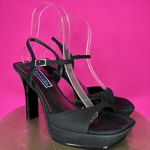 Bakers Black Suede Square Toe Ankle Strap Heeled Platform Sandal US 7